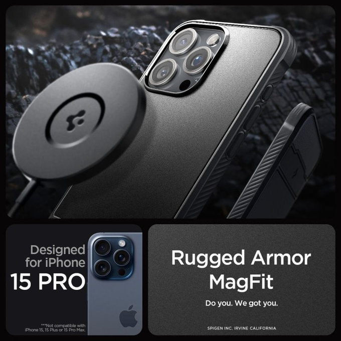 Spigen - Carcasă Rugged Armor cu MagSafe pentru iPhone 15 Pro, Matte Black