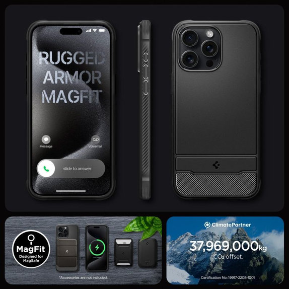 Spigen - Carcasă Rugged Armor cu MagSafe pentru iPhone 15 Pro, Matte Black
