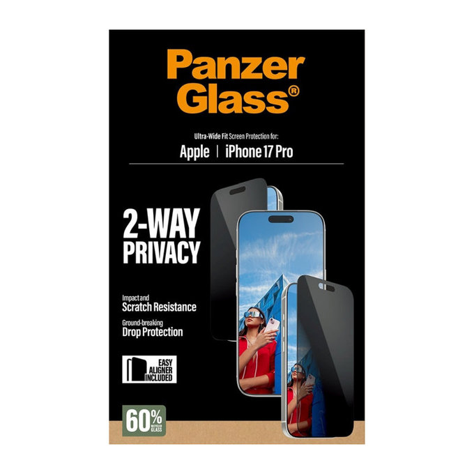 Sticlă securizată UWF 2-Way Privacy cu aplicator pentru iPhone 17 Pro, Negru, PanzerGlass