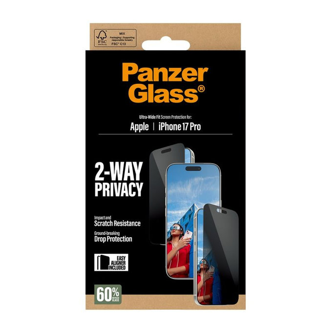 PanzerGlass - Sticlă UWF 2-Way Privacy cu aplicator pentru iPhone 17 Pro, negru