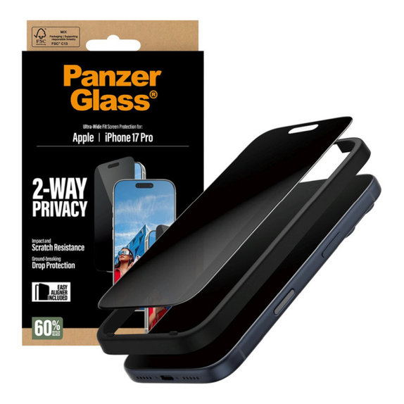 Sticlă securizată UWF 2-Way Privacy cu aplicator pentru iPhone 17 Pro, Negru, PanzerGlass