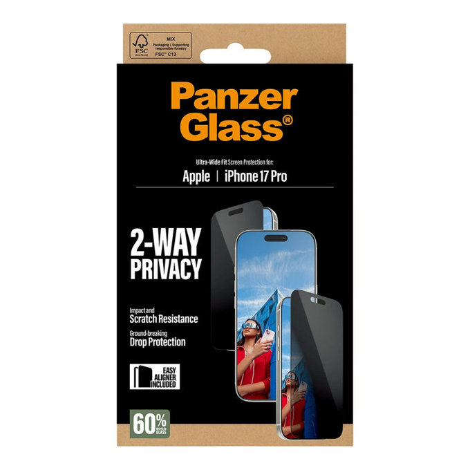 Sticlă securizată UWF 2-Way Privacy cu aplicator pentru iPhone 17 Pro, Negru, PanzerGlass