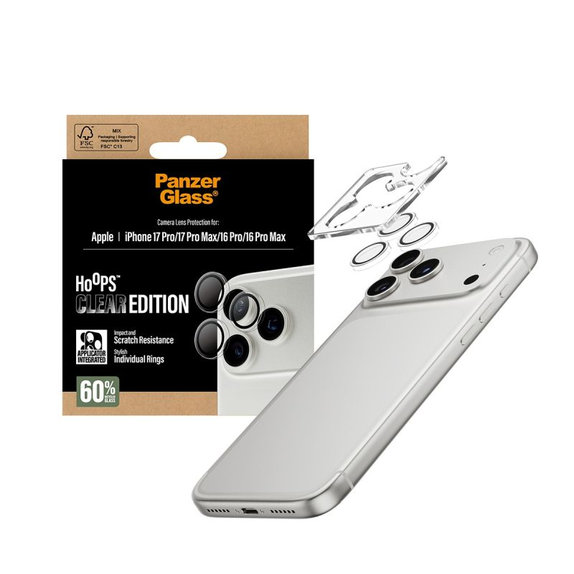Protecție lentilă Hoops pentru iPhone 17 Pro Max/17 Pro/16 Pro Max/16 Pro, transparent, PanzerGlass