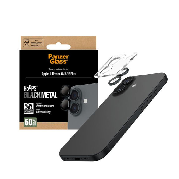 Protecție lentilă Hoops pentru iPhone 17/16 Plus/16, negru, PanzerGlass