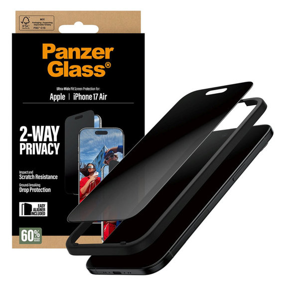 Sticlă securizată UWF 2-Way Privacy cu aplicator pentru iPhone 17 Air, Negru, PanzerGlass