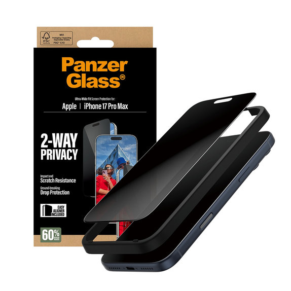 Sticlă securizată UWF 2-Way Privacy cu Fastfit pentru iPhone 17 Pro Max, Negru, PanzerGlass