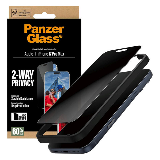 Sticlă securizată UWF 2-Way Privacy cu Fastfit pentru iPhone 17 Pro Max, Negru, PanzerGlass
