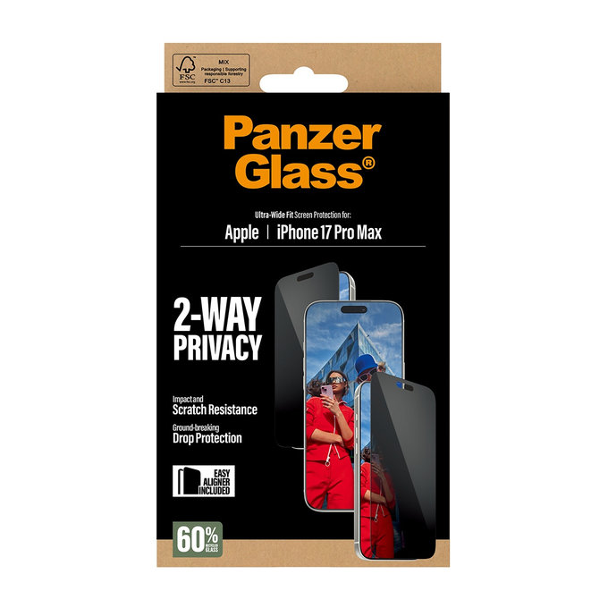 Sticlă securizată UWF 2-Way Privacy cu Fastfit pentru iPhone 17 Pro Max, Negru, PanzerGlass