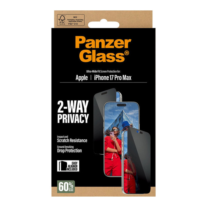 Sticlă securizată UWF 2-Way Privacy cu Fastfit pentru iPhone 17 Pro Max, Negru, PanzerGlass