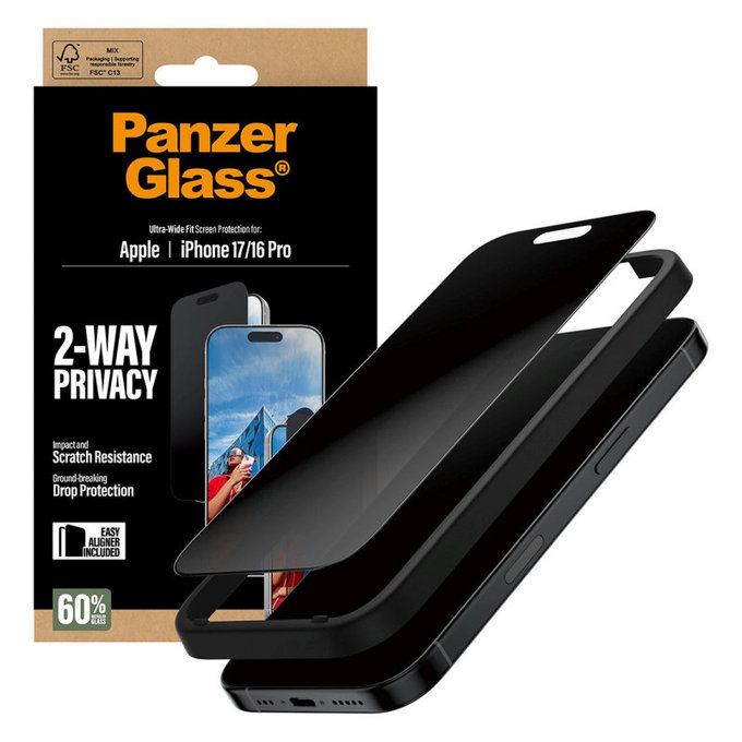 Sticlă securizată UWF 2-Way Privacy cu Fastfit pentru iPhone 17/16 Pro, Negru, PanzerGlass