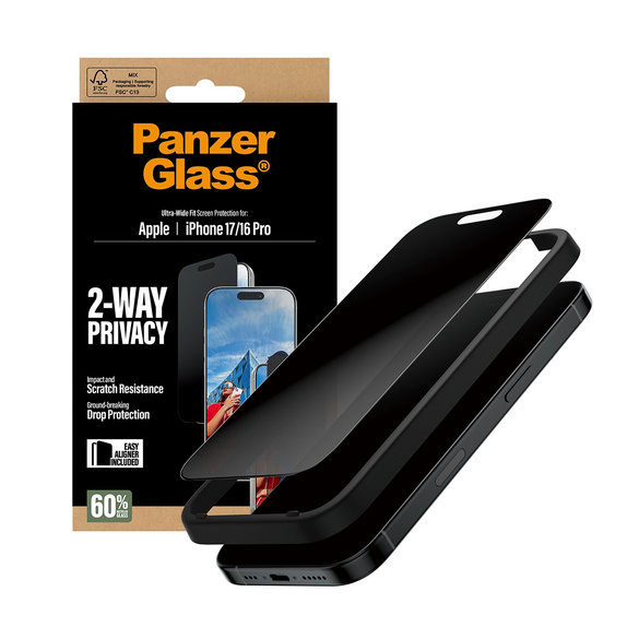 Sticlă securizată UWF 2-Way Privacy cu Fastfit pentru iPhone 17/16 Pro, Negru, PanzerGlass