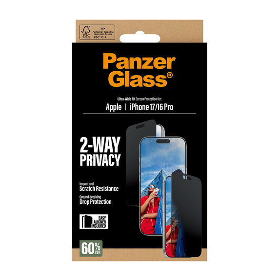 Sticlă securizată UWF 2-Way Privacy cu Fastfit pentru iPhone 17/16 Pro, Negru, PanzerGlass
