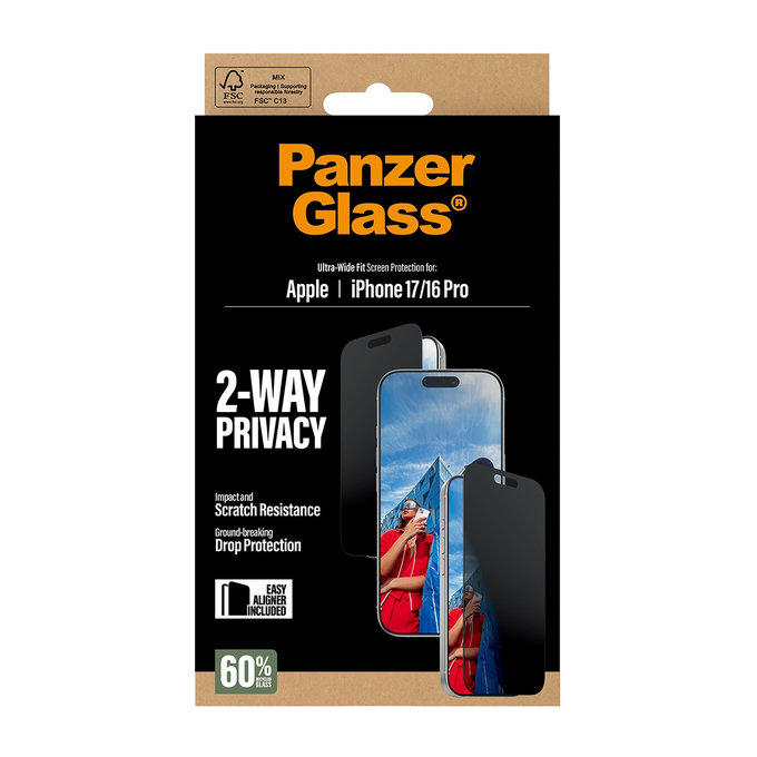 Sticlă securizată UWF 2-Way Privacy cu Fastfit pentru iPhone 17/16 Pro, Negru, PanzerGlass