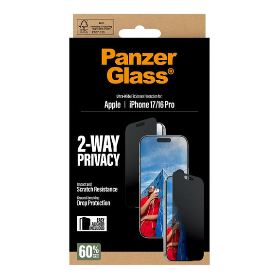 Sticlă securizată UWF 2-Way Privacy cu Fastfit pentru iPhone 17/16 Pro, Negru, PanzerGlass