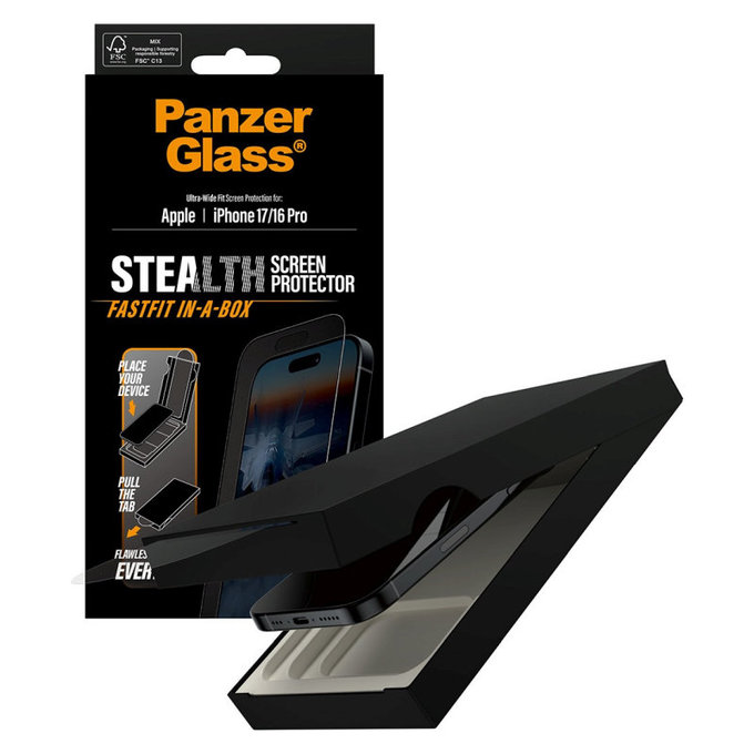 Sticlă securizată UWF Stealth cu Fastfit pentru iPhone 17/16 Pro, Negru, PanzerGlass