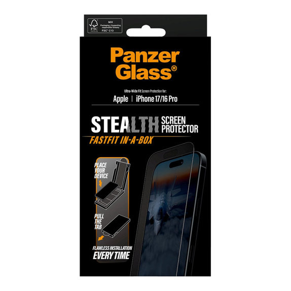 Sticlă securizată UWF Stealth cu Fastfit pentru iPhone 17/16 Pro, Negru, PanzerGlass