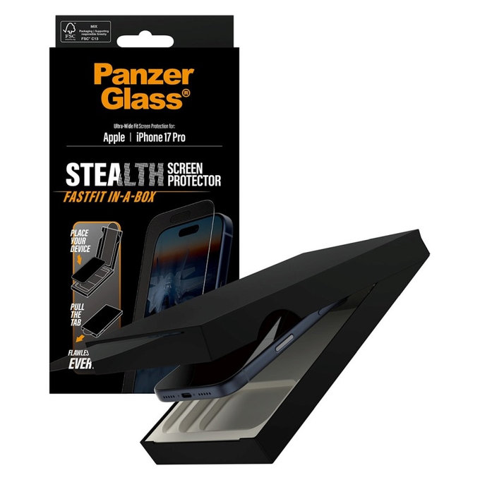 Sticlă securizată UWF Stealth cu Fastfit pentru iPhone 17 Pro, Negru, PanzerGlass