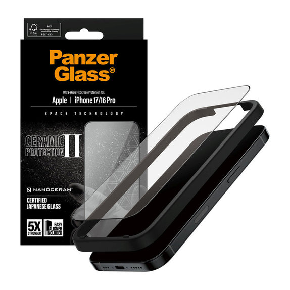Sticlă securizată UWF Ceramic II cu Fastfit pentru iPhone 17/16 Pro, Negru, PanzerGlass