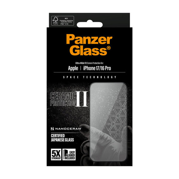 Sticlă securizată UWF Ceramic II cu Fastfit pentru iPhone 17/16 Pro, Negru, PanzerGlass