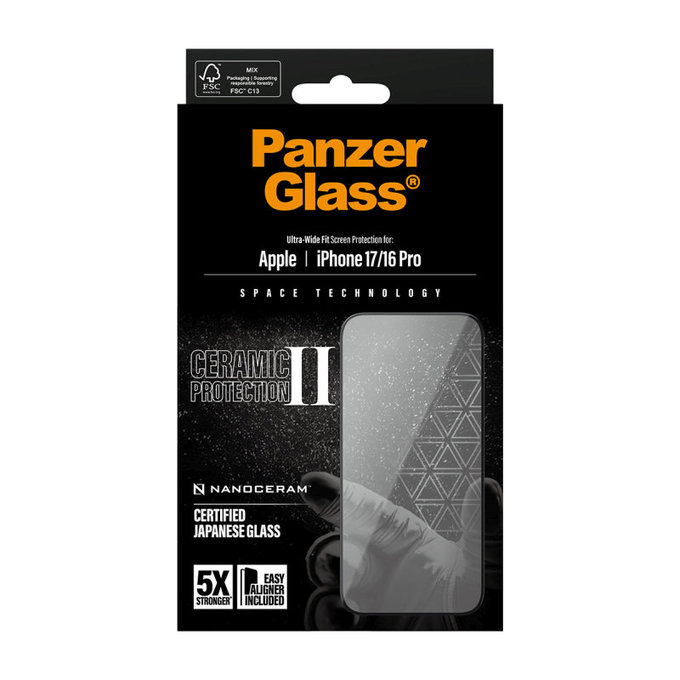 Sticlă securizată UWF Ceramic II cu Fastfit pentru iPhone 17/16 Pro, Negru, PanzerGlass