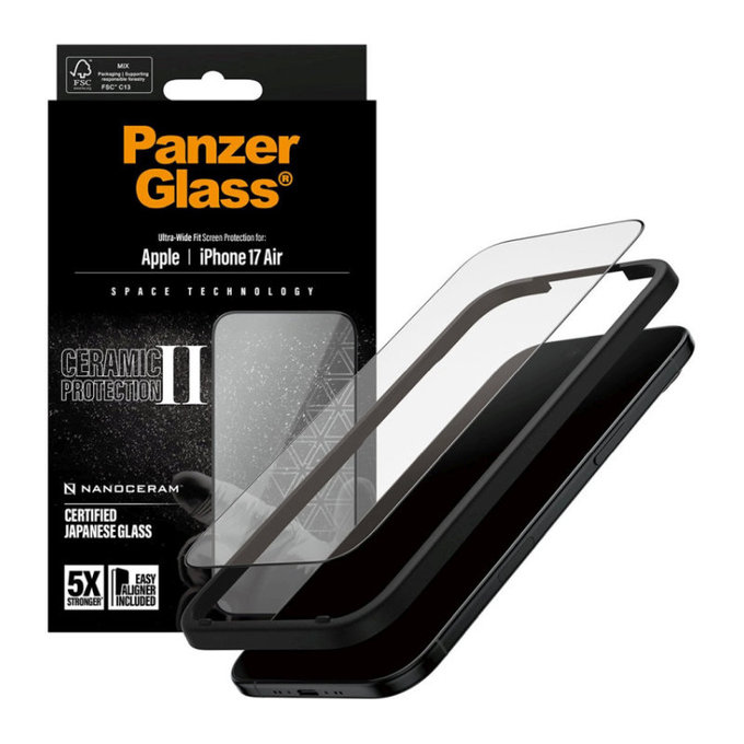Sticlă securizată UWF Ceramic II cu aplicator pentru iPhone 17 Air, Negru, PanzerGlass