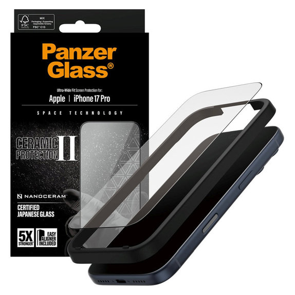 Sticlă securizată UWF Ceramic II cu aplicator pentru iPhone 17 Pro, Negru, PanzerGlass