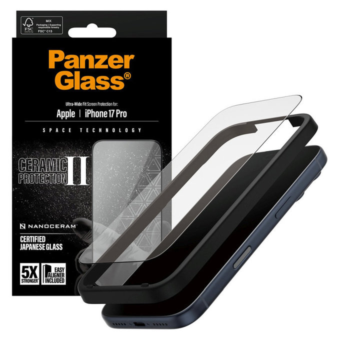 Sticlă securizată UWF Ceramic II cu aplicator pentru iPhone 17 Pro, Negru, PanzerGlass