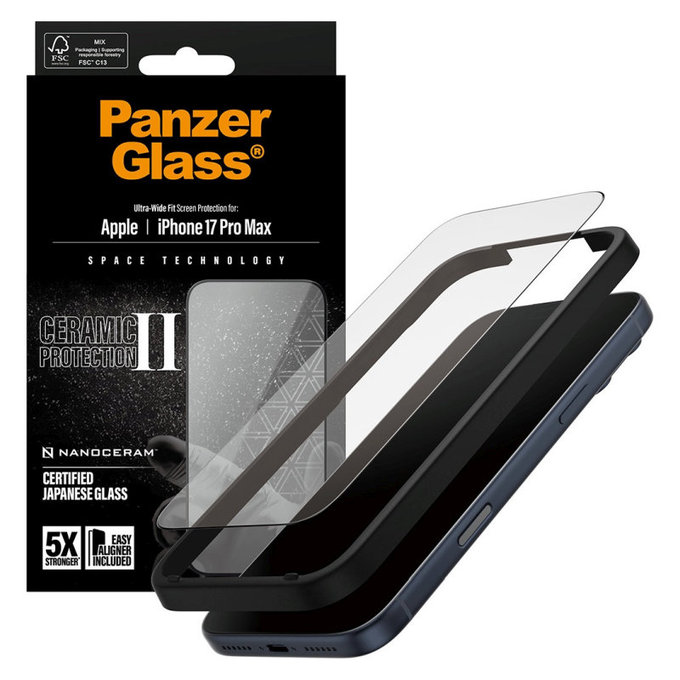 Sticlă securizată UWF Ceramic II cu aplicator pentru iPhone 17 Pro Max, Negru, PanzerGlass