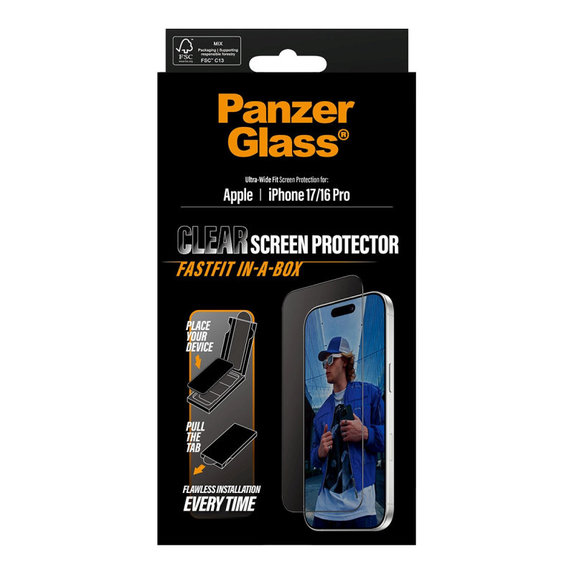 Sticlă securizată UWF cu Fastfit pentru iPhone 17/16 Pro, Negru, PanzerGlass