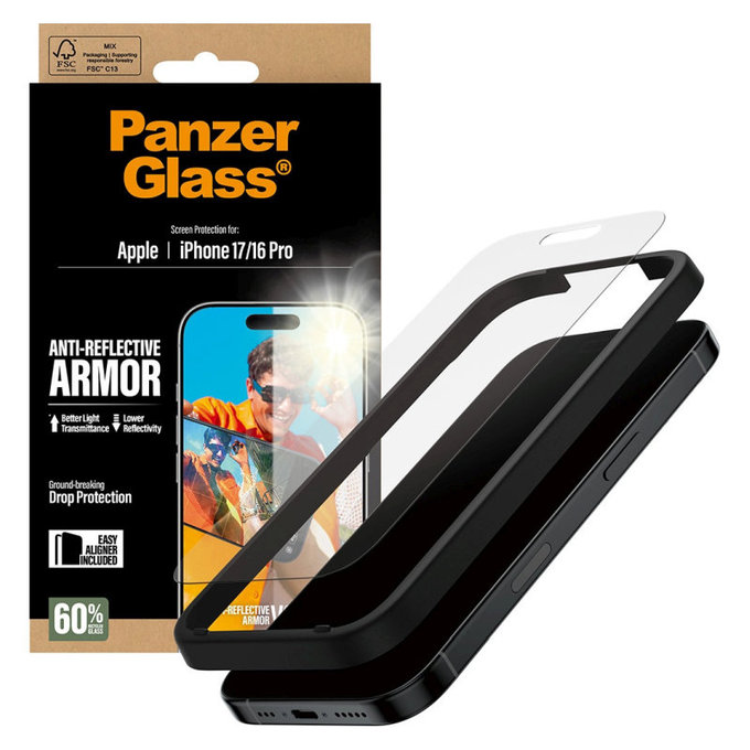 Sticlă securizată Anti-Reflective cu aplicator pentru iPhone 17/16 Pro, Negru, PanzerGlass