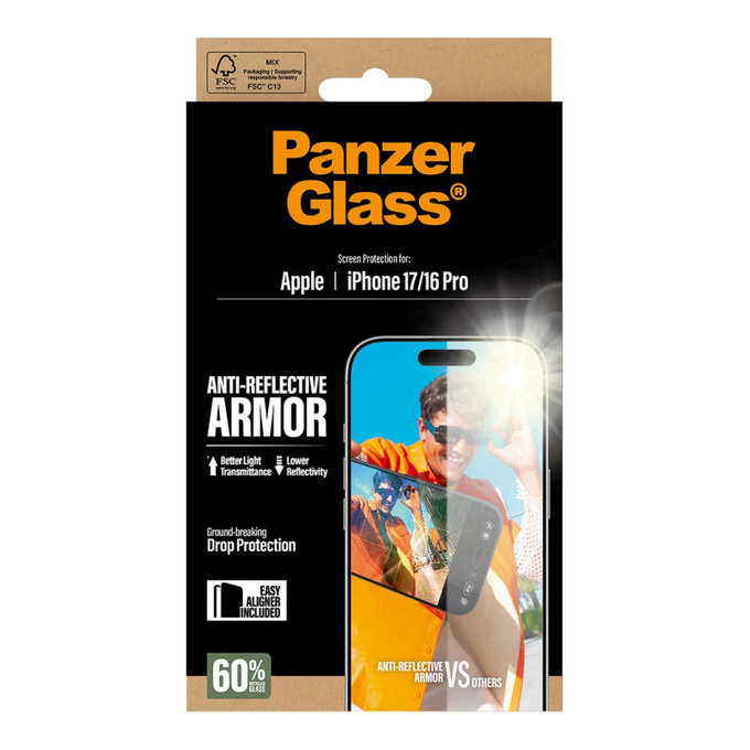 Sticlă securizată Anti-Reflective cu aplicator pentru iPhone 17/16 Pro, Negru, PanzerGlass