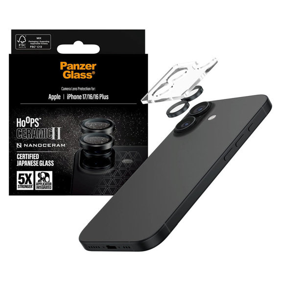 Protecție lentile cameră Hoops Ceramic II pentru iPhone 17/16 Plus/16, Negru, PanzerGlass