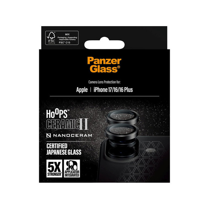 Protecție lentile cameră Hoops Ceramic II pentru iPhone 17/16 Plus/16, Negru, PanzerGlass