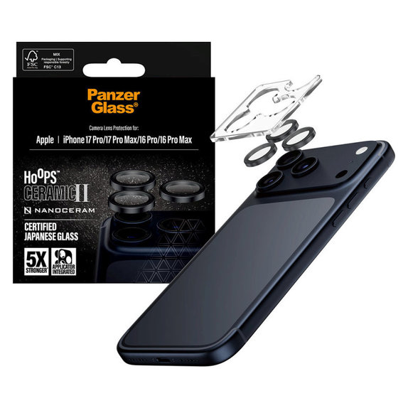 Protecție lentilă Hoops Ceramic II pentru iPhone 17 Pro Max/17 Pro/16 Pro Max/16 Pro, negru, PanzerGlass