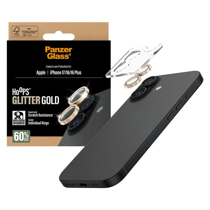 Protecție lentile cameră Hoops pentru iPhone 17/16 Plus/16, Glitter Gold, PanzerGlass