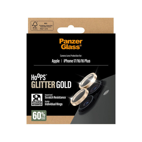 Protecție lentile cameră Hoops pentru iPhone 17/16 Plus/16, Glitter Gold, PanzerGlass