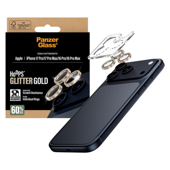 Protecție lentile cameră Hoops pentru iPhone 17 Pro Max/17 Pro/16 Pro Max/16 Pro, Glitter Gold, PanzerGlass