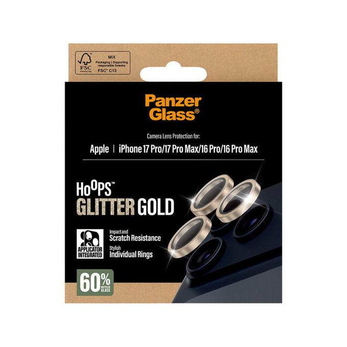 Protecție lentile cameră Hoops pentru iPhone 17 Pro Max/17 Pro/16 Pro Max/16 Pro, Glitter Gold, PanzerGlass