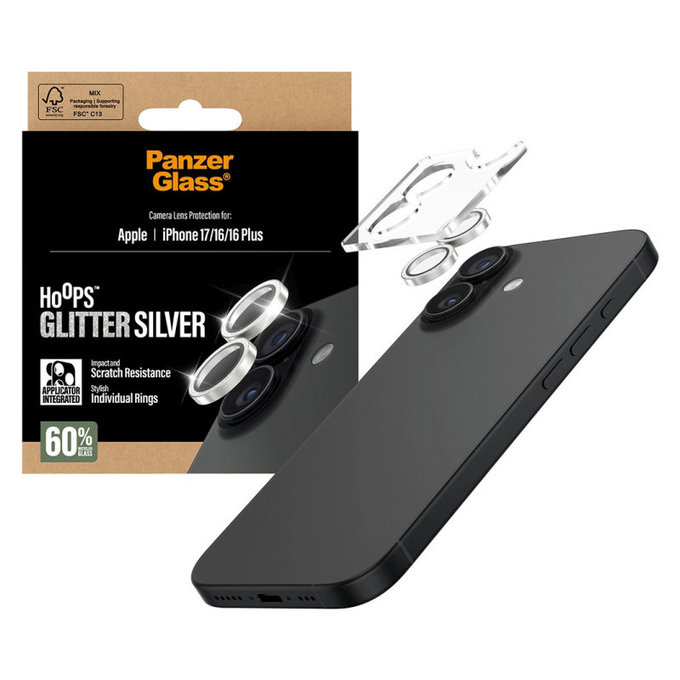 Protecție lentile cameră Hoops pentru iPhone 17/16 Plus/16, Glitter Silver, PanzerGlass