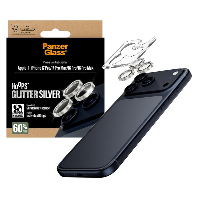 Protecție lentile cameră Hoops pentru iPhone 17 Pro Max/17 Pro/16 Pro Max/16 Pro, Glitter Silver, PanzerGlass