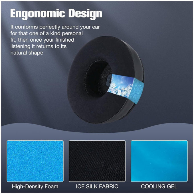 Perne de schimb pentru JBL JR300, T450BT, T500BT, T600, Spumă cu memorie + Piele + Textil, Negru, Gel răcoritor, 1 pereche