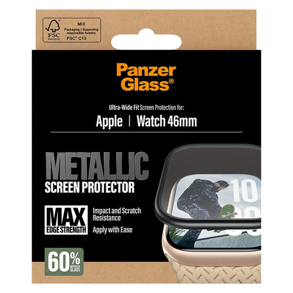 Sticlă securizată UWF METALLIC pentru Apple Watch 11/10 46 mm, Negru, PanzerGlass