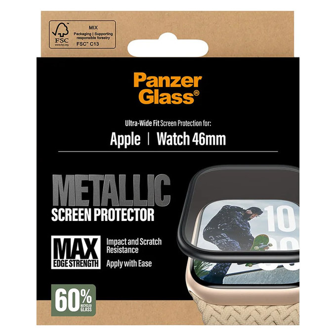 Sticlă securizată UWF METALLIC pentru Apple Watch 11/10 46 mm, Negru, PanzerGlass