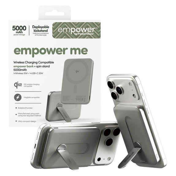 PowerBank wireless 5000 mAh, cu suport rotativ 20 W, compatibilă cu MagSafe, Qi2/USB-C, Titan, empower