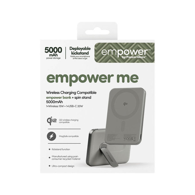 PowerBank wireless 5000 mAh, cu suport rotativ 20 W, compatibilă cu MagSafe, Qi2/USB-C, Titan, empower