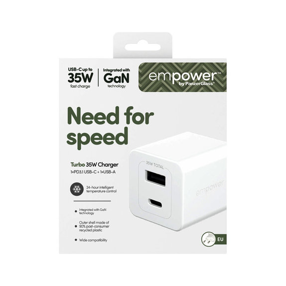Adaptor de călătorie Grand Prix USB-C/USB-A, GaN, 35 W PD, argintiu-alb, empower
