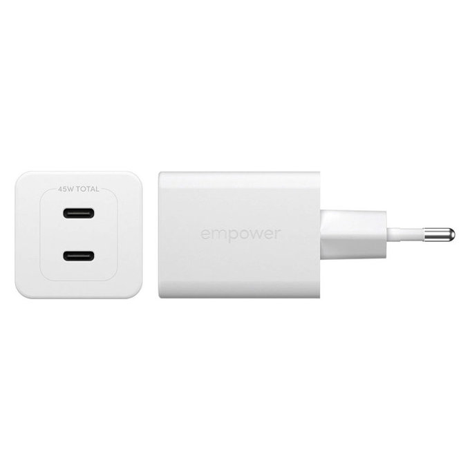 Adaptor de călătorie Grand Prix 2x USB-C, GaN, 45 W PD, Alb-argintiu, empower