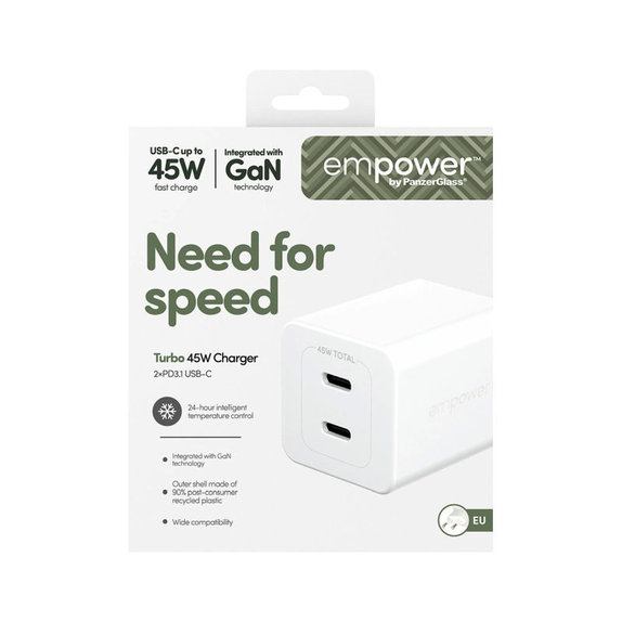 Adaptor de călătorie Grand Prix 2x USB-C, GaN, 45 W PD, Alb-argintiu, empower