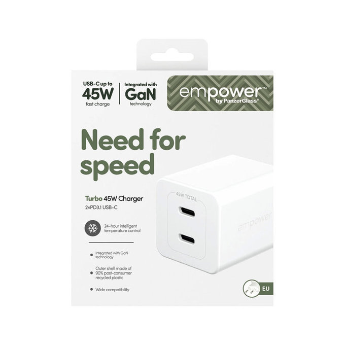 Adaptor de călătorie Grand Prix 2x USB-C, GaN, 45 W PD, Alb-argintiu, empower