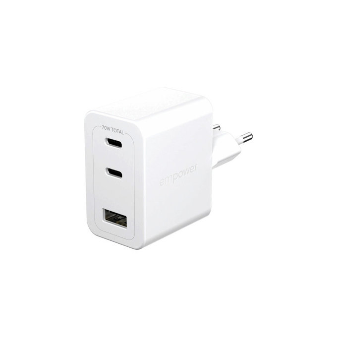 Adaptor de călătorie Grand Prix 2x USB-C/USB-A, GaN, 70 W PD, Alb-argintiu, empower